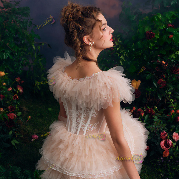 Shop 2025 ANNAKOO Pink Ruffles V Neck Sheer Layer Short Mini Wedding Dress Under 178