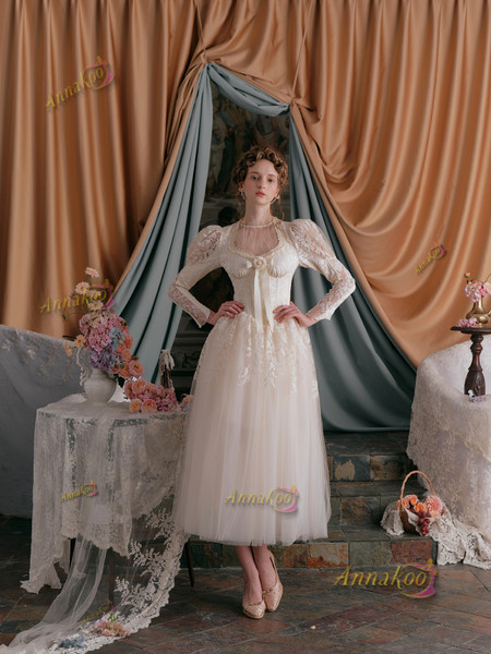 Shop 2025 ANNAKOO Vintage Flower Long Sleeve Lace A Line Tulle Wedding Dress Under 198