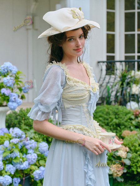 Shop 2025 ANNAKOO Blue Ruffles Chiffon Short Sleeve Tie Square Prom Dress Under 178