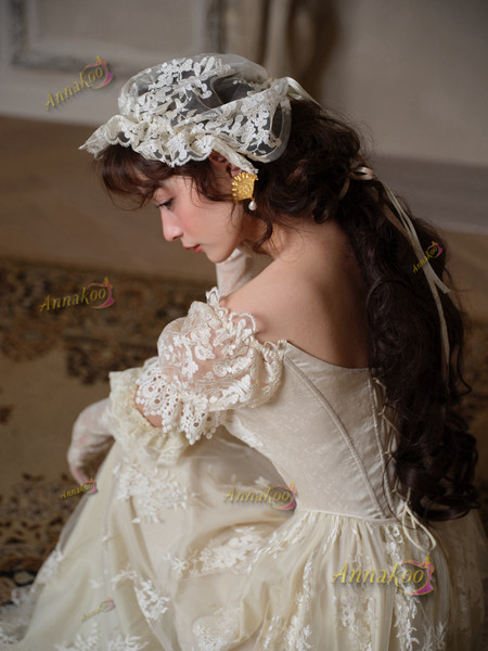 Shop 2025 ANNAKOO Vintage Sqaure Neck  Short Sleeves Tea Length France Wedding Dress Under 189