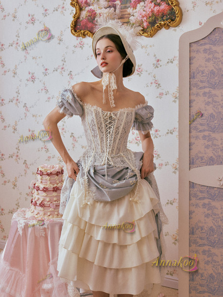 Shop 2025 ANNAKOO Vintage Lace Up Blue A Line Short Sleeve Prom Dress Under 189