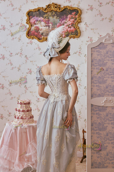 Shop 2025 ANNAKOO Vintage Lace Up Blue A Line Short Sleeve Prom Dress Under 189