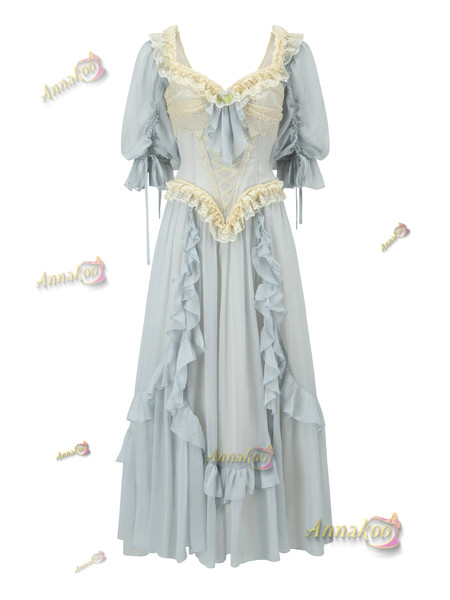 Vintage Lace Up Blue A Line Short Sleeve Prom Dress