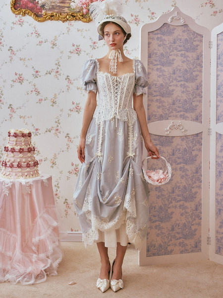 Shop 2025 ANNAKOO Vintage Lace Up Blue A Line Short Sleeve Prom Dress Under 189