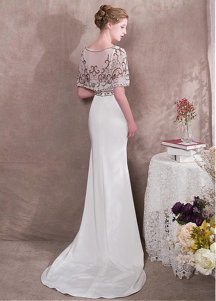 Satin Spaghetti Straps White Mermaid Evening Dress With Detachable Jacket