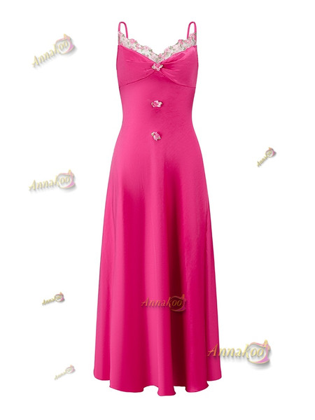 Shop 2025 ANNAKOO Spaghetti Straps Lace Flowers Pink Elastic Satin Prom Dress Under 139