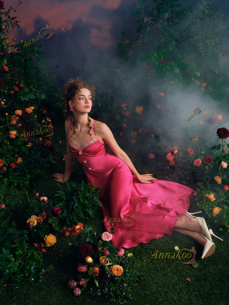 Shop 2025 ANNAKOO Spaghetti Straps Lace Flowers Pink Elastic Satin Prom Dress Under 139