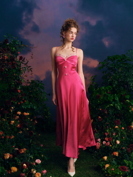 Shop 2025 ANNAKOO Spaghetti Straps Lace Flowers Pink Elastic Satin Prom Dress Under 139