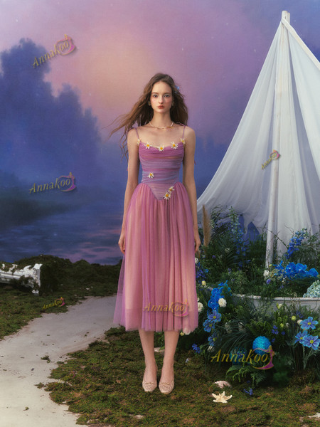 Shop 2025 ANNAKOO Purple Ombre Tulle Spaghetti Straps Ankle Length Flower Prom Dress Under 158