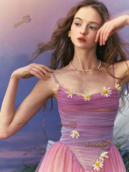 Shop 2025 ANNAKOO Purple Ombre Tulle Spaghetti Straps Ankle Length Flower Prom Dress Under 158