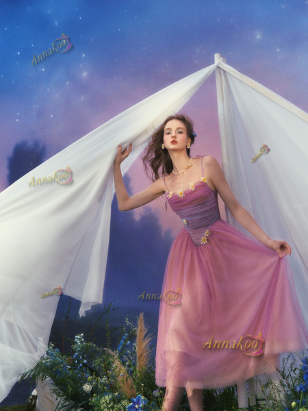 Shop 2025 ANNAKOO Purple Ombre Tulle Spaghetti Straps Ankle Length Flower Prom Dress Under 158