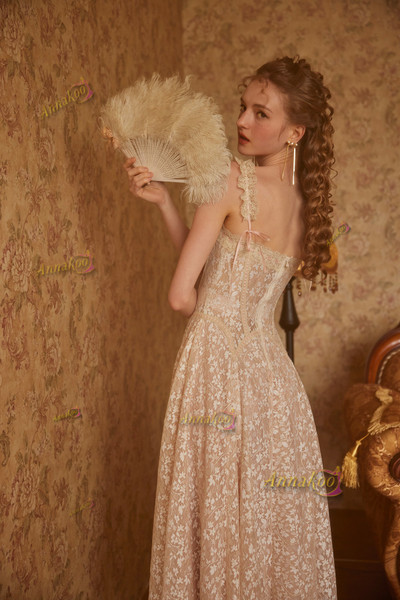 Shop 2025 ANNAKOO Champagne Lace Spaghetti Straps Tea Length Prom Dress Under 249