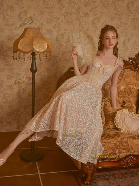 Champagne Lace Spaghetti Straps Tea Length Prom Dress