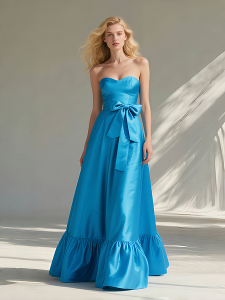 Shop 2025 ANNAKOO Blue Satin A Line Strapless Belt Prom Dress Under 139