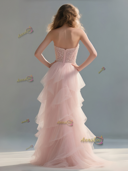 Shop 2025 ANNAKOO Pink Sheer See Through Pearls A Line Tulle Prom Dress With Slit Under 199