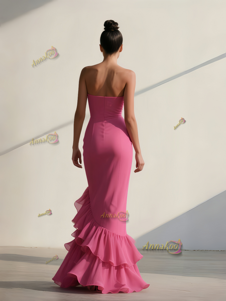 Shop 2025 ANNAKOO Pink Sweetheart Sheath Column Ruffles Spandex Prom Dress With Slit Under 149