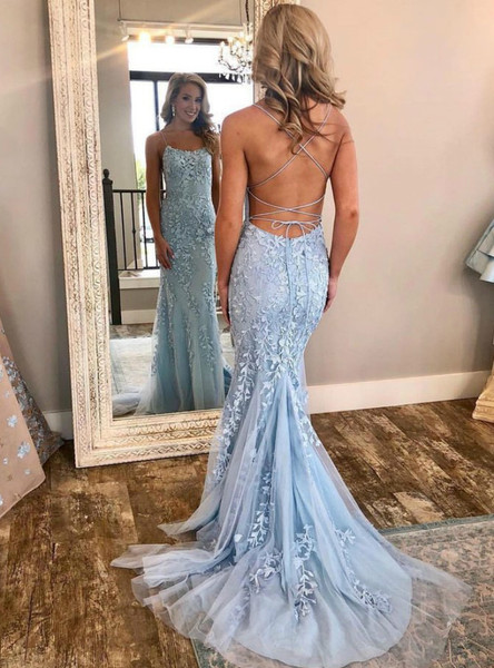Sky Blue Mermaid Spaghetti Strap Lace Backless Prom Dress