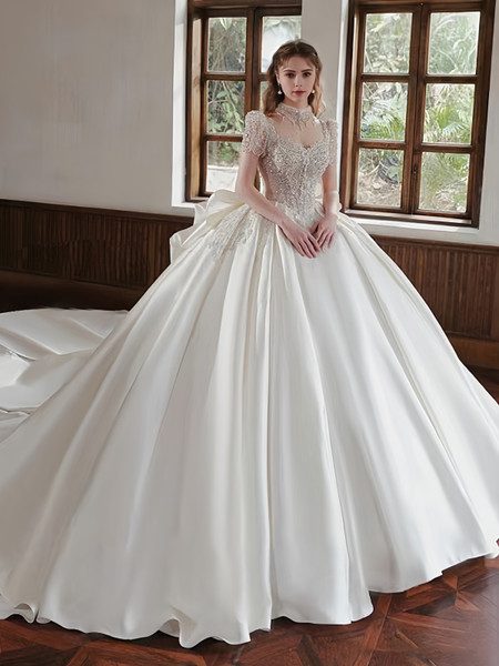 Shop 2025 Crystal Ball Gown Satin High Neck Short Sleeve Wedding Dress Under 399