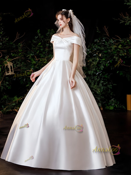 Shop 2025 ANNAKOO Off The Shoulder Ruched Satin A Line Wedding Dress Under 169