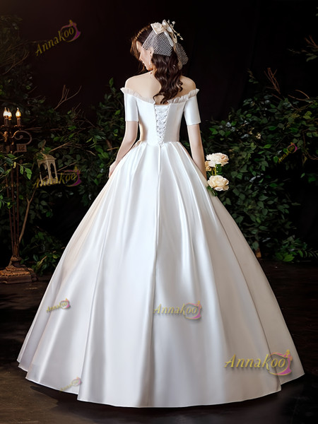 Shop 2025 ANNAKOO  Short Sleeve Satin A Line Off The Shoulder Wedding Dress Under 168