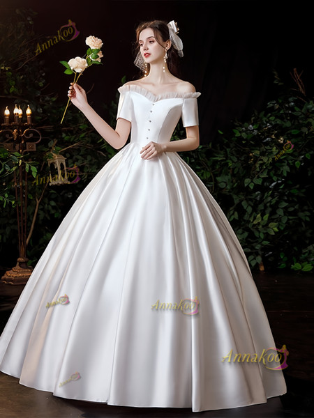 Shop 2025 ANNAKOO  Short Sleeve Satin A Line Off The Shoulder Wedding Dress Under 168