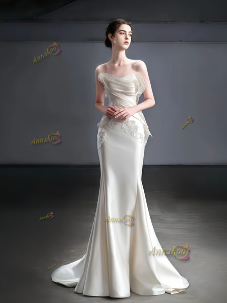 Shop 2025 ANNAKOO Strapless Appliques Satin Trumpet Mermaid Bow Wedding Dress Under 198