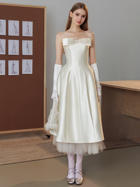 Shop 2025 ANNAKOO Tea Length Satin Bow Strapless A Line Wedding Dress Under 178