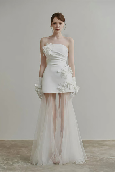 Shop 2025 ANNAKOO Strapless Sheath Column Satin Tulle Flower Wedding Dress Under 159