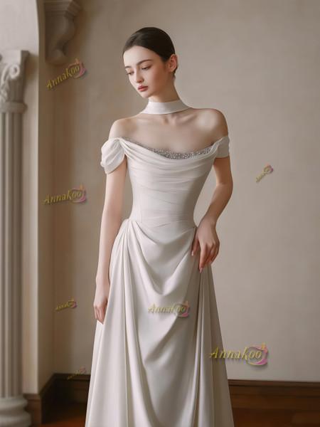 Shop 2025 ANNAKOO Shawl Off The Shoulder Satin A Line Ruched Wedding Dress Under 178