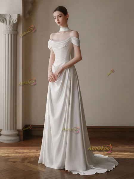 Shop 2025 ANNAKOO Shawl Off The Shoulder Satin A Line Ruched Wedding Dress Under 178