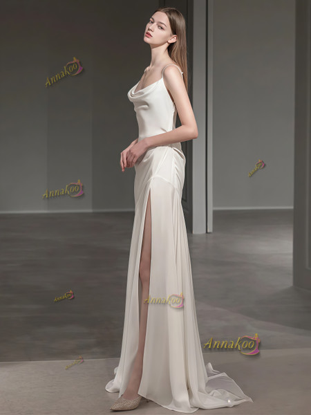 Shop 2025 ANNAKOO Spaghetti Straps Satin Sheath Column Wedding Dress WIth Slit Under 139