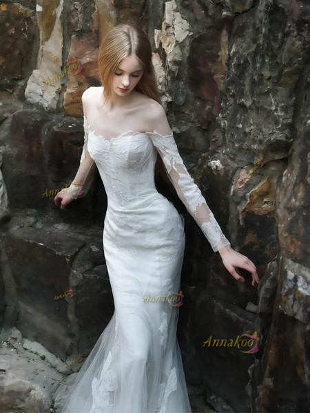 Shop 2025 ANNAKOO Long Sleeve Trumpet Mermaid Lace Simple Wedding Dress Under 178
