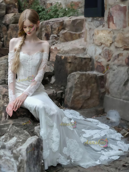 Shop 2025 ANNAKOO Long Sleeve Trumpet Mermaid Lace Simple Wedding Dress Under 178