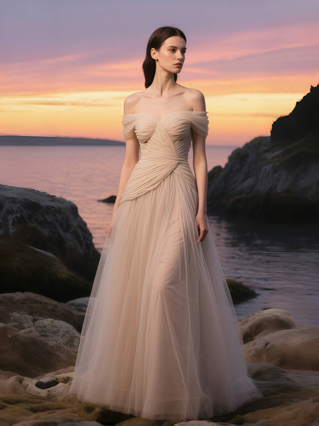 Shop 2025 ANNAKOO Beige Rulle Pleats A Line Off The Shoulder Wedding Dress Under 178