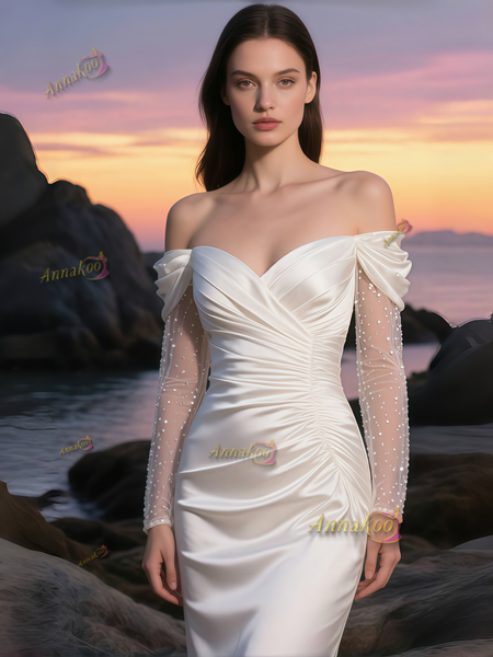 Shop 2025 ANNAKOO Off The Shoulder Long Sleeve Satin Pearls Trumpet Mermaid Wedding Dress Under 219