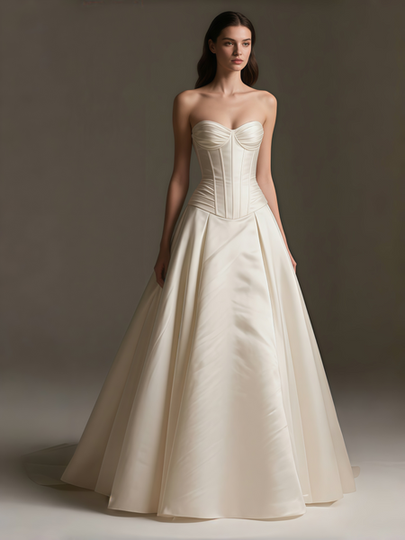 Shop 2025 ANNAKOO Ivory Corset Sweetheart A Line Sweep Train Satin Wedding Dress Under 189