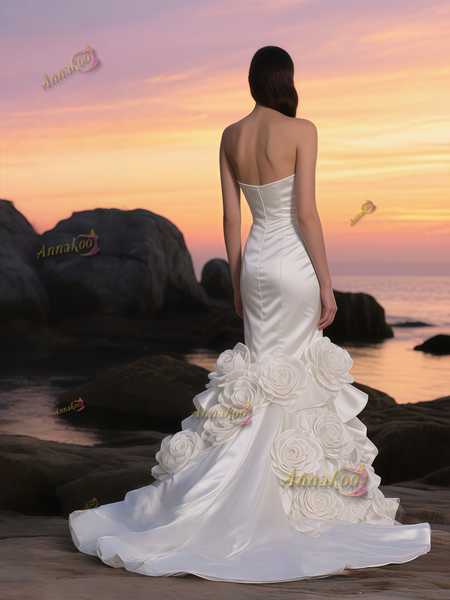 Shop 2025 ANNAKOO White Strapless Trumpet Mermaid Flower Sweep Train Wedding Dress Under 499