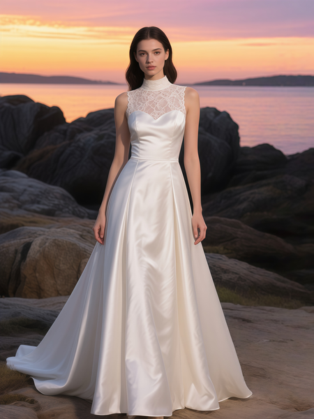 Shop 2025 ANNAKOO High Neck Lace A Line Satin A Line Wedding Dress Under 188