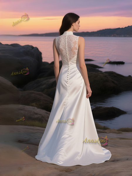 Shop 2025 ANNAKOO High Neck Lace A Line Satin A Line Wedding Dress Under 188