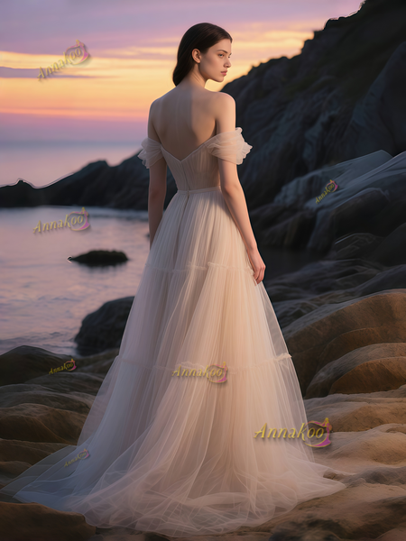 Shop 2025 ANNAKOO Champagne Tulle A Line Pleats Off The Shoulder Wedding Dress Under 189