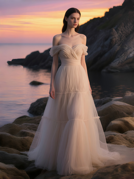 Shop 2025 ANNAKOO Champagne Tulle A Line Pleats Off The Shoulder Wedding Dress Under 189