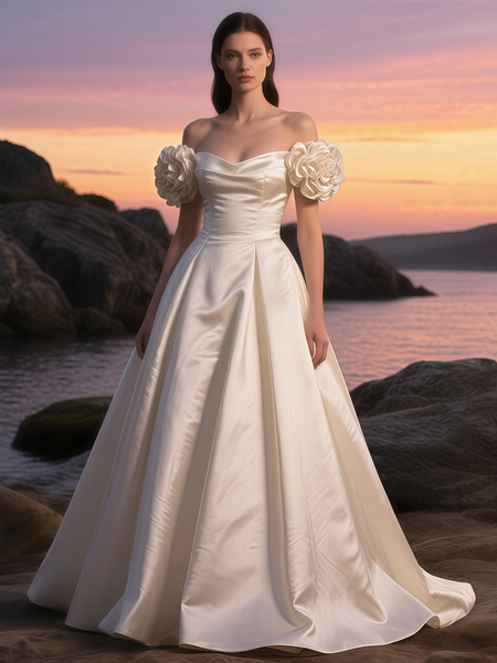 Shop 2025 ANNAKOO Off The Shoulder Flower A Line Sweep Train Wedding Dress Under 229                                                                                                                                                                                                                                                                                                                                                                                                                                                                                                                                                                                                                             