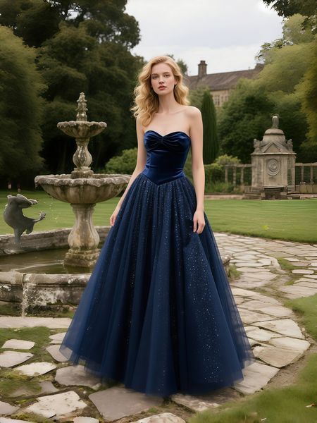 Shop 2025 ANNAKOO Velvet Corset A Line Navy Shiny Tulle Prom Dress Under 167