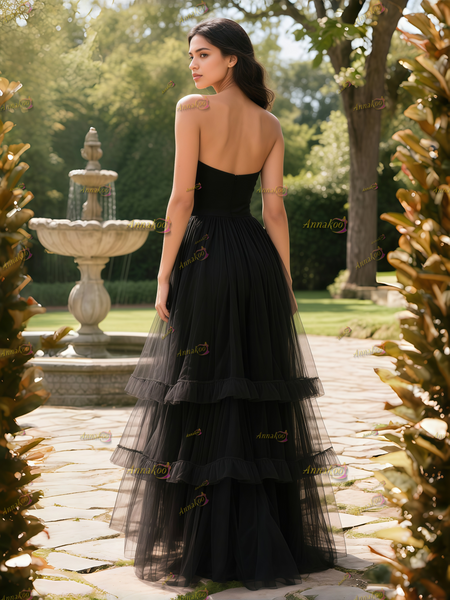 Shop 2025 ANNAKOO Black Strapless Tulle A Line Ruffles Prom Dress Under 149