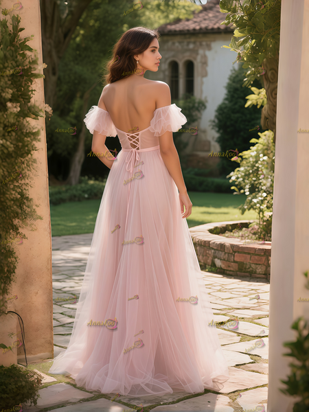 Shop 2025 ANNAKOO Pink Off The Shoulder Flower Pleats Prom Dress With Slit Under 178
