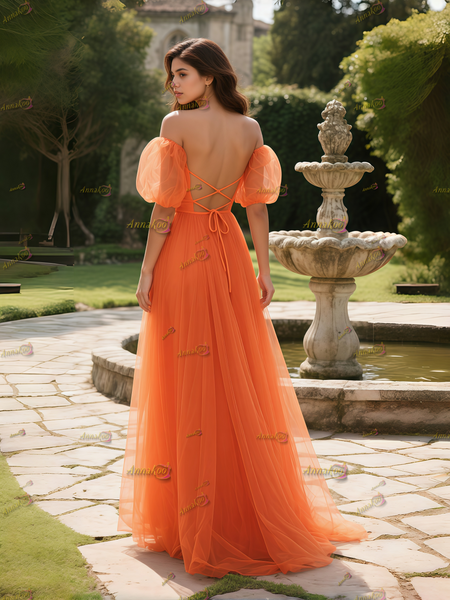 Shop 2025 ANNAKOO Orange Tulle Pleats A Line Puffy Sleeve Prom Dress Under 178