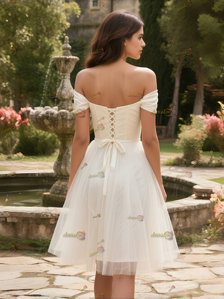 Shop 2025 ANNAKOO Satin & Tulle A Line Off The Shoulder Knee Length Wedding Dress Under 119