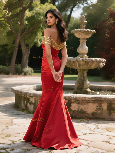 Shop 2025 ANNAKOO Trumpet Mermaid Gold Sequin Red Satin Prom Dress Under 169
