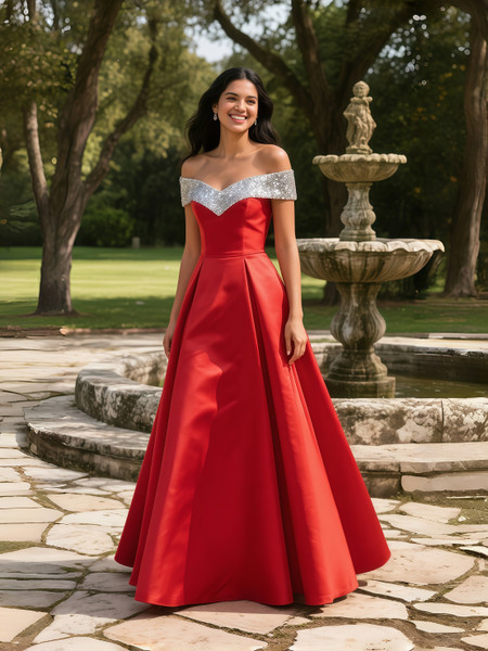 Shop 2025 ANNAKOO Red Off The Shoulder Sequin A Line Satin Prom Dress Under 167
