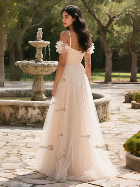 Shop 2025 ANANKOO Off The Shoulder Ruffles Spaghetti Straps Tulle Prom Dress Under 189